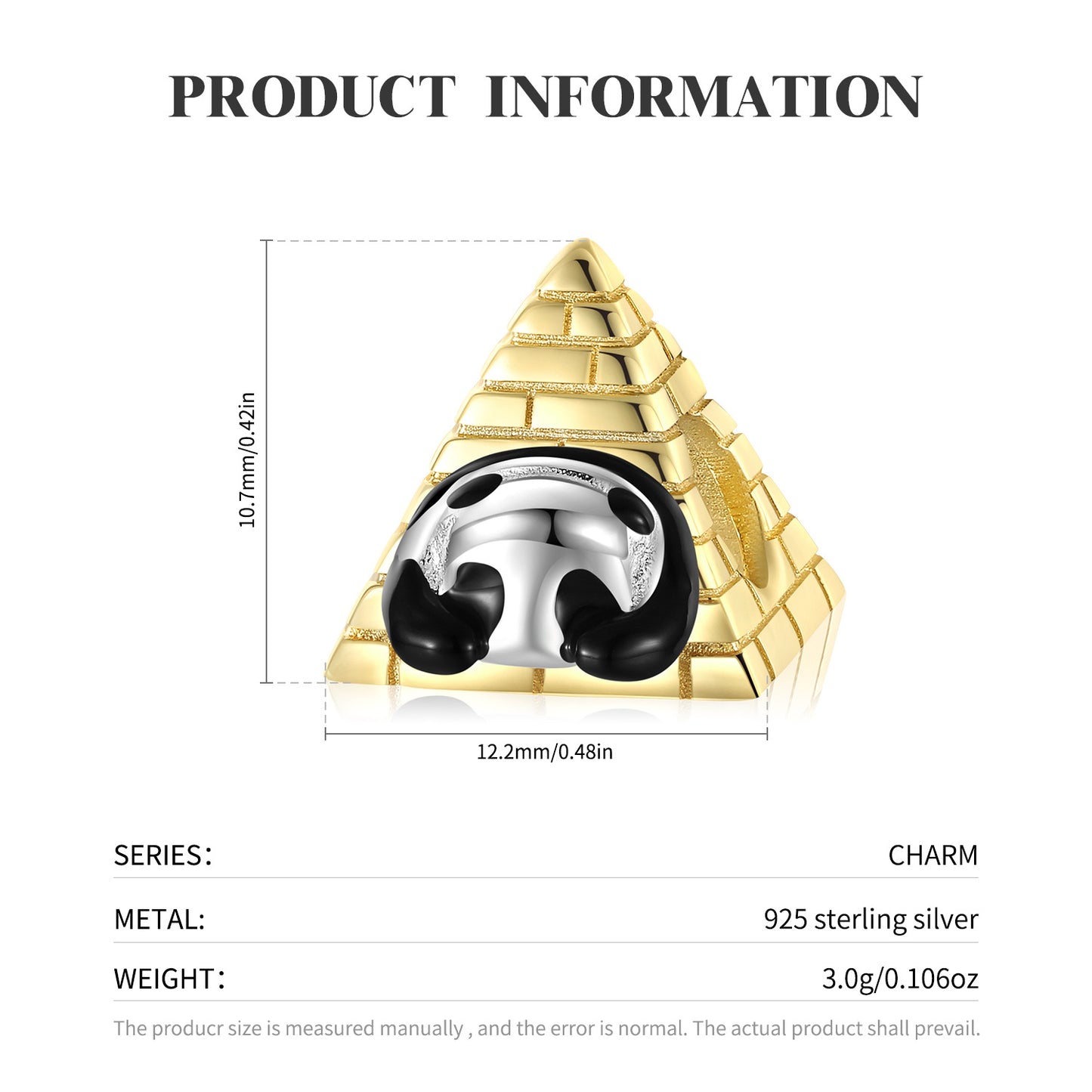 面罩熊猫和欢迎熊猫金字塔手链饰物，采用 S925 纯银镀 14K 金